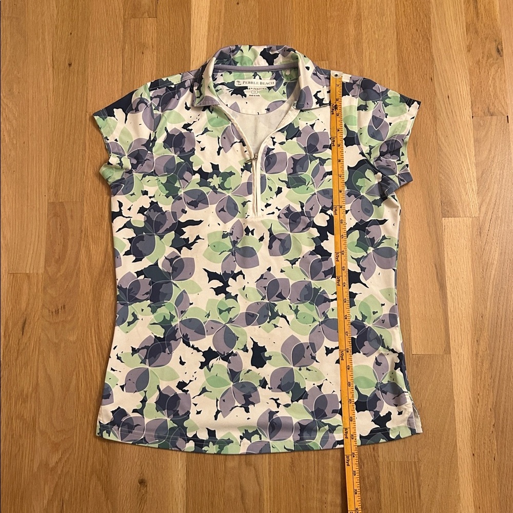 Pebble Beach Floral White Green Purple Short Sleeve Golf Top Women’s Size Medium - Picture 7 of 15